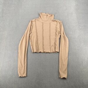 Mixed Threads Los Angeles Tan Ribbed Exposed Seam Mock Neck Crop Top Medium
